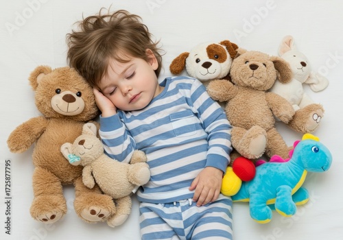 Sweet slumber: A young boy peacefully sleeping surrounded by his plush toy companions