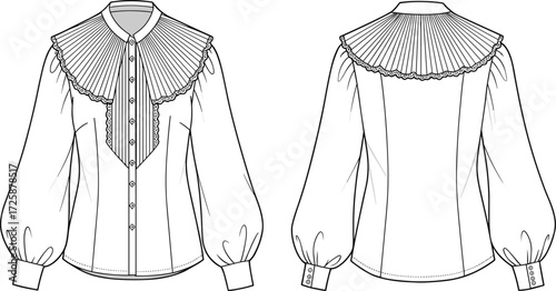 PrintElegant women blouse fashion flat sketch, long sleeve shirt with pleated cape collar, lace trim, button placket, cuffed sleeves design