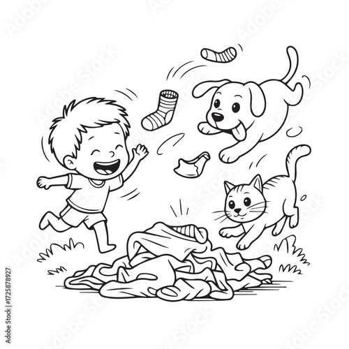 Joyful young boy laughing and playing with a dog and cat amidst scattered laundry and flying socks