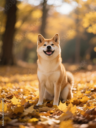 Shiba Inu dog sitting amidst fallen autumn leaves in a sunlit forest