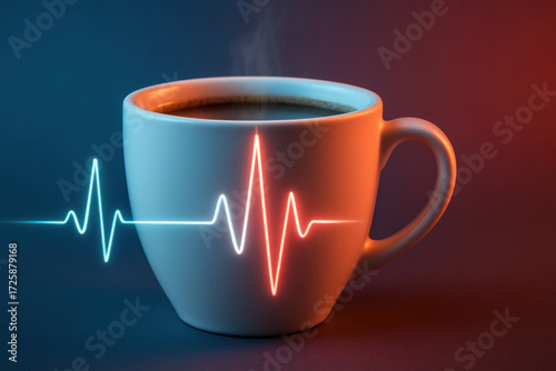 Coffee drinking blood pressure energizing morning cup with heartbeat line suggesting caffeine effect on heart rate and alertness