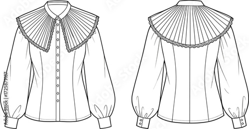 PrintStylish women blouse flat fashion sketch, long sleeve shirt with pleated cape collar, lace trim, button front, cuffed sleeves design