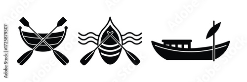 Rowing boat and paddle vector icons set in black silhouette style for water transport design