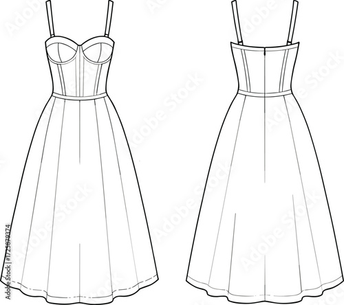 PrintVector fashion flat sketch of women's strappy corset midi dress, technical clothing design, apparel template, CAD illustration, dress outline.