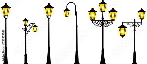 PrintVintage street lamps illustration, glowing lantern lights, retro lamp post collection, decorative urban lighting, antique outdoor lanterns, classic night illumination design