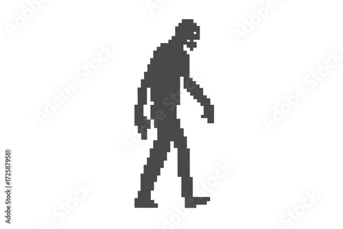 Pixelated gray silhouette of zombie monster walking with arms reaching outwards against a white backdrop