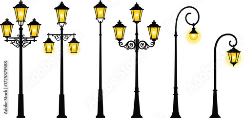 PrintVintage street lamps collection, classic lantern designs, retro outdoor lighting, decorative iron poles, glowing night lights, urban architecture, historical street illumination