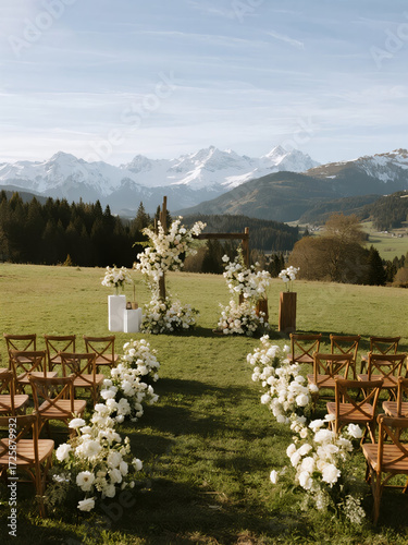 Outdoor wedding ceremony setup with floral arch and mountain backdrop