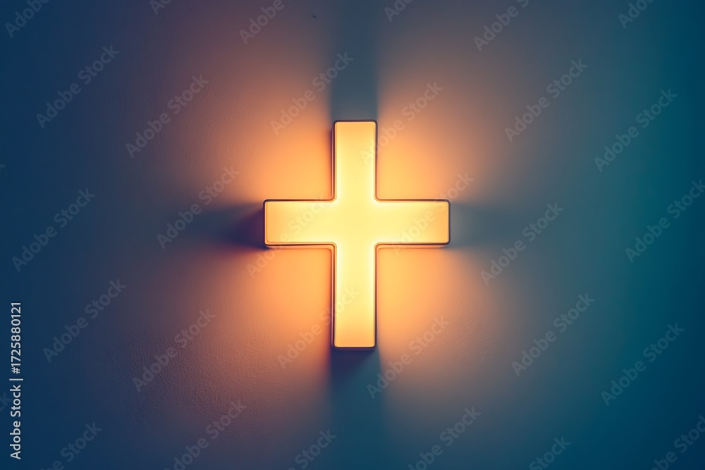 Obraz premium A glowing cross illuminates a textured wall, casting shadows and creating a modern, minimalist symbol of faith and spirituality.