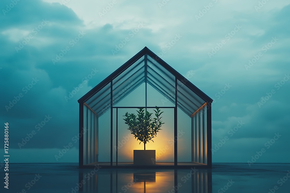 Obraz premium A minimalist greenhouse with a plant inside, set against a cloudy sky, creating a serene and tranquil atmosphere.