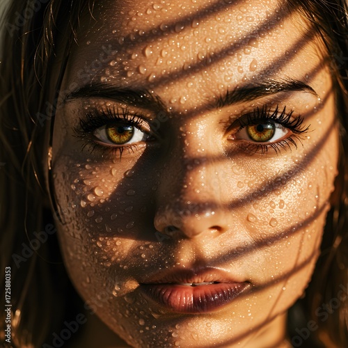 Close-up portrait of a woman with wet skin and dramatic sunlight shadows on her face