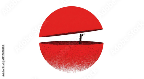 Minimalist conceptual graphic of a red sphere split open, a person with a telescope exploring new horizons.