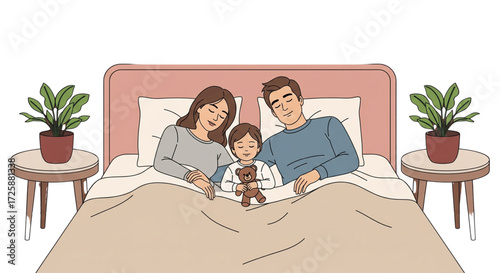 Happy family parents and child sleeping peacefully in bed with a teddy bear. Cozy modern bedtime illustration.