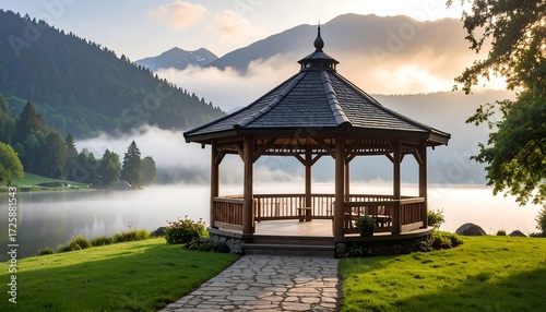 Fototapeta Naklejka Na Ścianę i Meble -  Lakeside gazebo at dawn