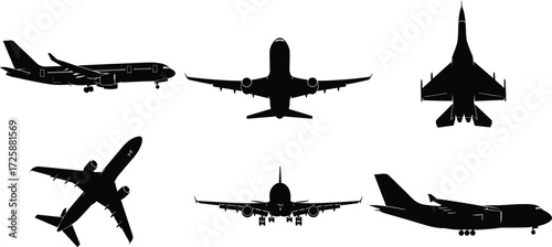 Aircraft silhouettes set. Various airplanes and fighter jets in different views, including side, front, and bottom, vector illustration