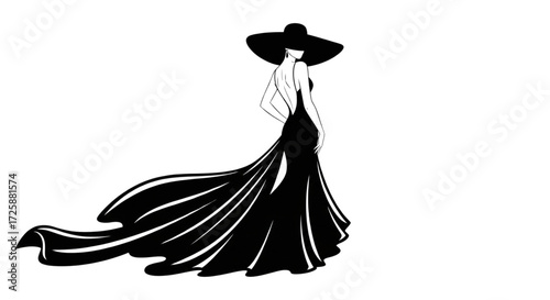 Elegant woman in a stunning black backless evening gown with a long flowing train and stylish wide-brimmed hat. Glamour.