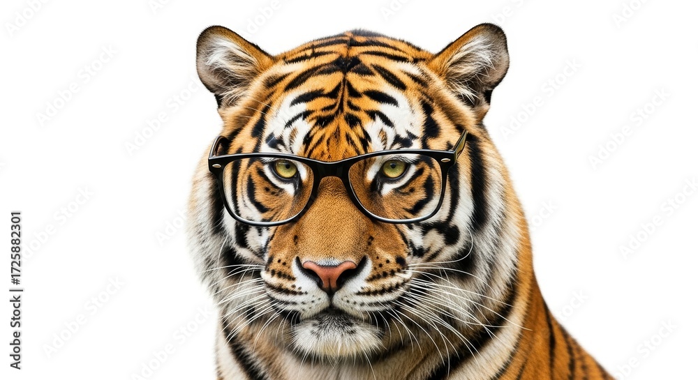 Obraz premium tiger wearing glasses, spectacles eyewear, on a solid white background