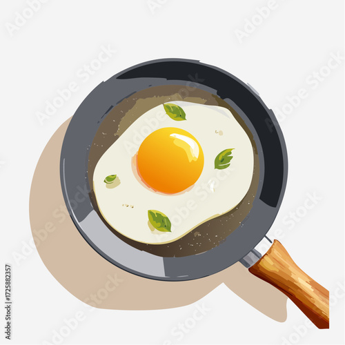 Delicious sunny-side-up egg sizzling in a pan with fresh basil, perfect for breakfast menus, cooking blogs, and healthy recipe promotions, vibrant and appealing