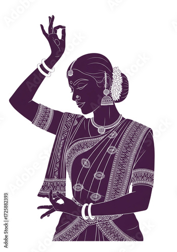 Elegant Indian Classical Dancer Silhouette in Purple Saree with Mudras and Traditional Jewelry Illustration