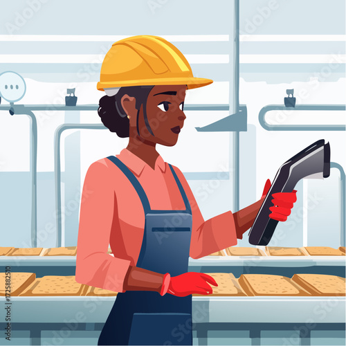 Dedicated factory worker diligently scanning products for quality control, ensuring high standards, wearing safety gear, and maintaining an efficient production line