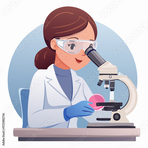 Scientist diligently examines petri dish with microscope, wearing safety glasses for professional lab research and medical advancement with precision