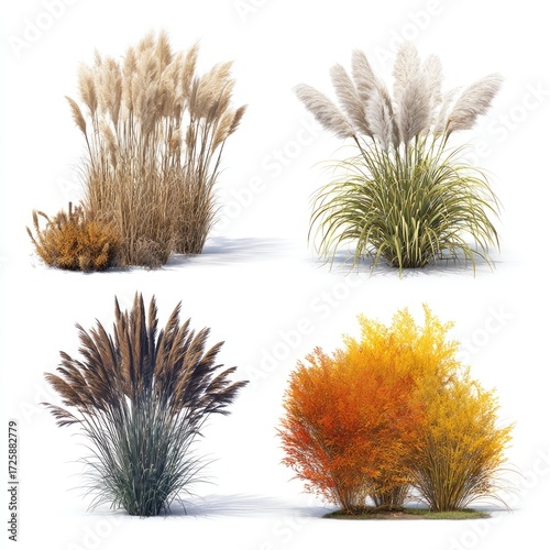 Four varieties of ornamental grasses and a shrub, rendered in a realistic style against a white background.  Each plant displays a unique color palette and texture