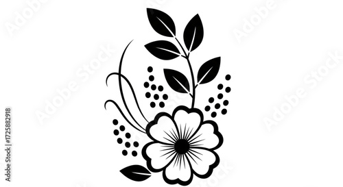 Elegant black and white floral vector art. Stylized flower, leaves, and berry clusters botanical silhouette design.