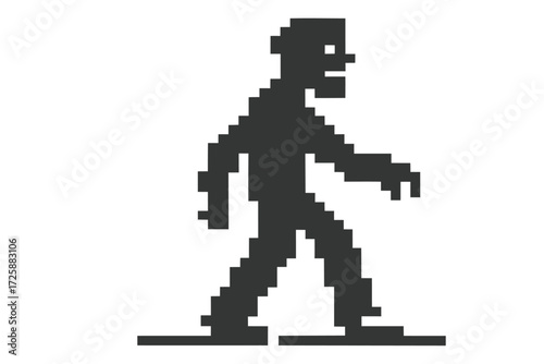 Pixelated man slowly walks forward, crafted with digital blocks against a solid backdrop