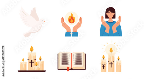 Religious symbols including a dove a burning wafer and candles.