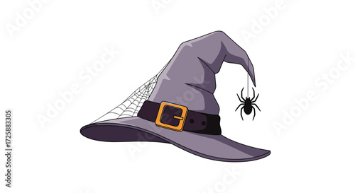 A witch's hat with a spider and cobweb hangs precariously on a white background.