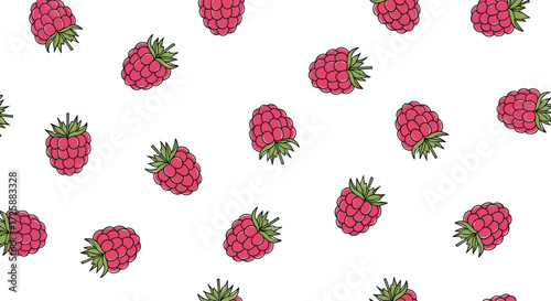 A repeating pattern of fresh raspberries with green stems on a white background.
