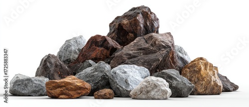 A pile of various rocks in assorted colors and textures against a white background.  Different sizes, shapes and tones of rocks are visible, creating a natural, earthy scene