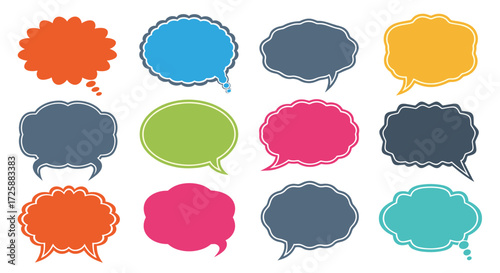 A collection of colorful speech bubbles and thought balloons in different shapes and sizes.