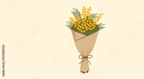 A beautifully arranged bouquet of yellow mimosa flowers tied with a rustic twine.