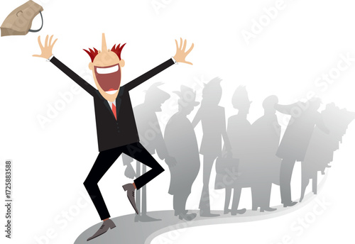 A happy man got a good (highly paid) job.
Happy man and long turn of people on the background
