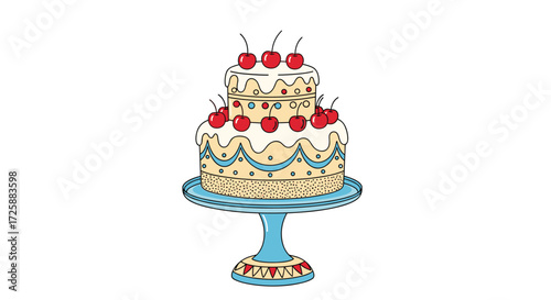 A delightful tiered cake adorned with fresh cherries sits atop a decorative stand.