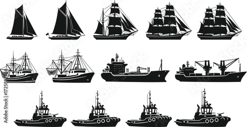 Various boat and ship silhouettes. A comprehensive set of different types of vessels, including sailboats, fishing boats, and tugboats