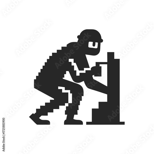 Pixelated masked figure interacts with machinery in stylized black silhouette on a white background