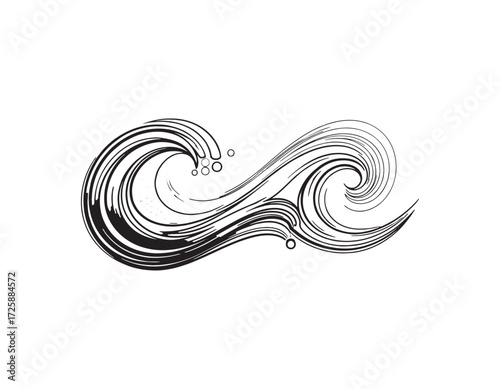 Stylized black and white ocean waves forming an infinity symbol. Swirling sea water in a continuous loop illustration for a graphic design element