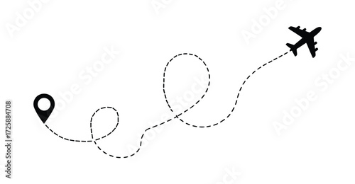 Airplane silhouette flying along dashed looping path to destination marker, ideal for travel, navigation, tourism, and journey concept themes