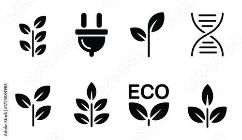 Eco icon set featuring plants, electric plug with leaves, DNA helix, and “ECO” label, ideal for sustainability, biotech, and green energy themes