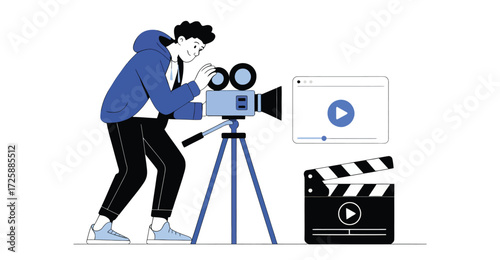 Modern illustration of filmmaker operating vintage camera with video interface and clapperboard icons, ideal for media and content creation themes