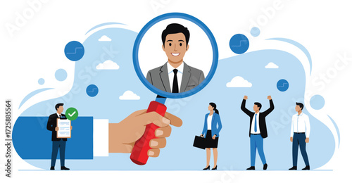 Modern recruitment illustration showing magnifying glass highlighting candidate among diverse professionals, ideal for HR and talent selection themes