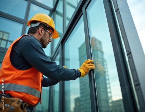 Glazier installs large glass panel on modern building. Precision, safety are key. Worker wears hard hat, vest. Suction cups grip glass. Focus on construction, architecture, urban development.