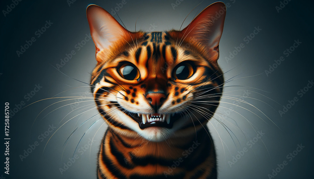Obraz premium Close-up of a fierce Bengal cat baring its teeth, sharp eyes and detailed fur under dramatic lighting. Animal art, poster design, mascot branding, fantasy concepts, or high-impact visual projects.
