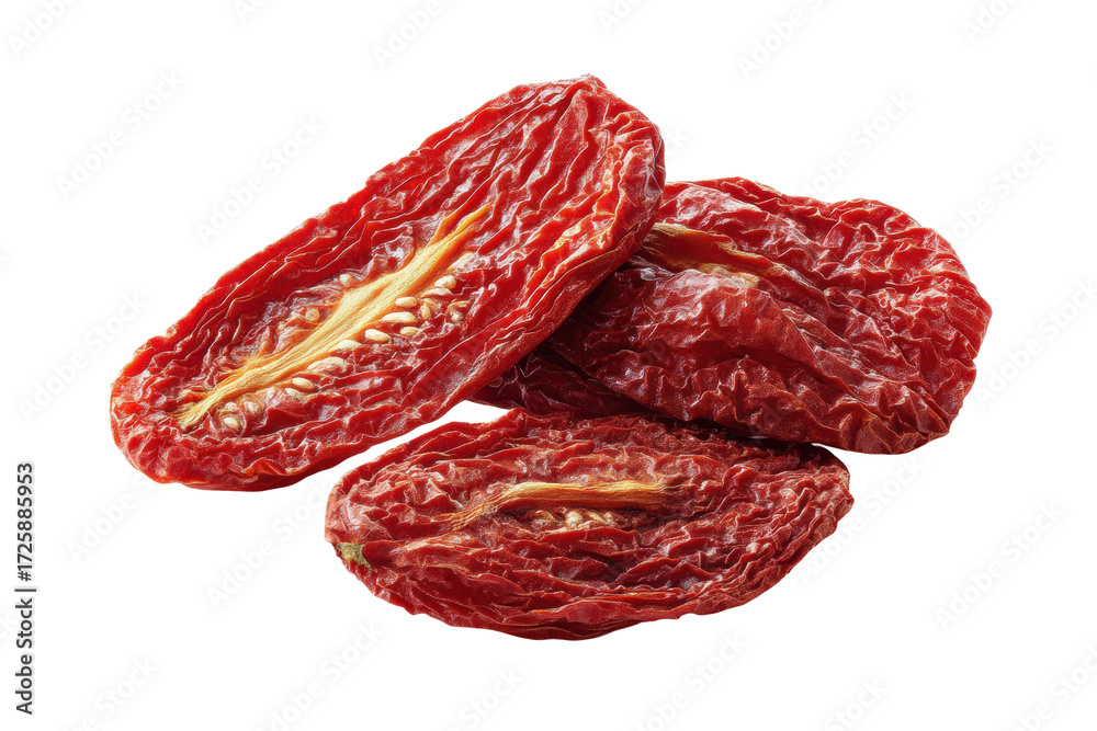 Fototapeta premium Close-up of three sun-dried tomatoes against a black background, cut out
