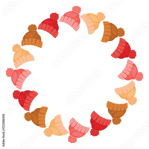 Knitted hats frame round shape. Border with warm accessories of various colors. Cartoon objects isolated on white background. Composition with copy space. Vector design for autumn or winter season.