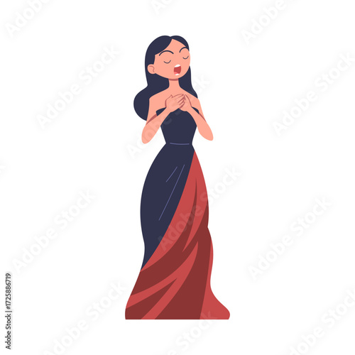 Woman Opera Singer and Musician Singing on Stage Vector Illustration