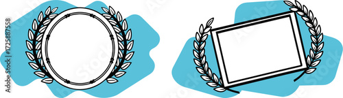 Laurel wreath decorative vector frames with circular and rectangular shapes on transparent background and blue accent, elegant award border design for certificate or diploma template illustration