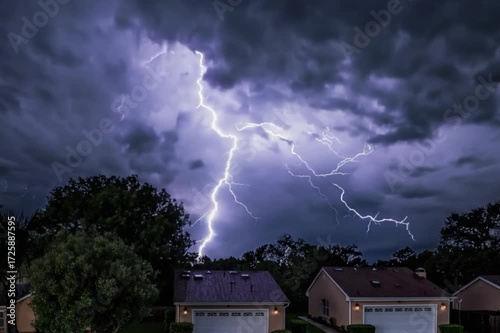 Intense Thunderstorm with Lightning and Strong Winds Over a House